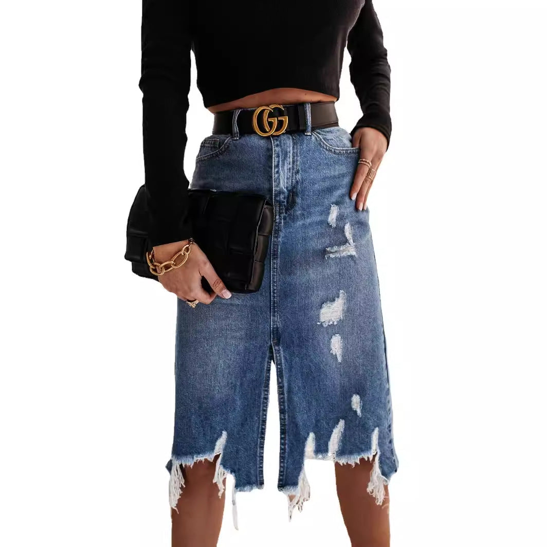 Damen Midirock im modernen Vintage-Design mit lässigem Used-Look und Fransenabschluss Drune
