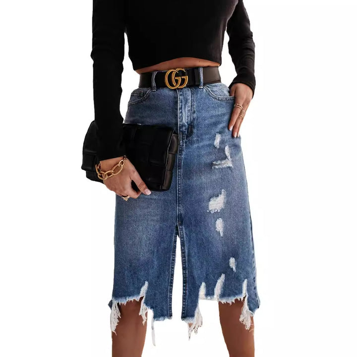 Damen Midirock im modernen Vintage-Design mit lässigem Used-Look und Fransenabschluss Drune