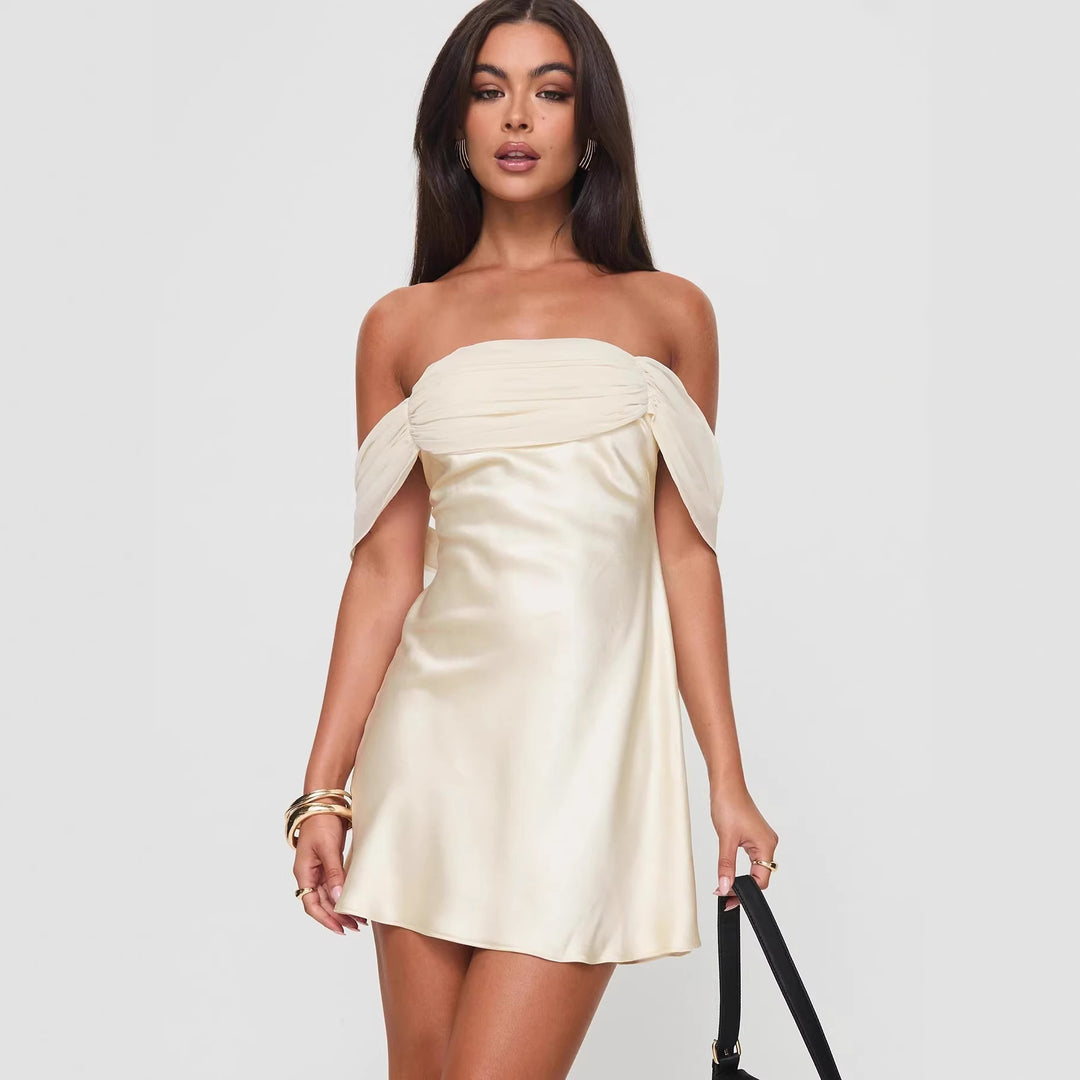 Damen Off-Shoulder Kleid mit elegantem Satin-Finish und fließendem Schnitt Drune
