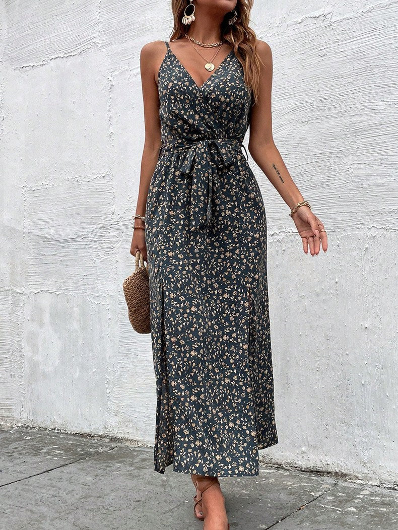 Damen Wickelkleid mit floralen Mustern und schmalen Trägern Drune