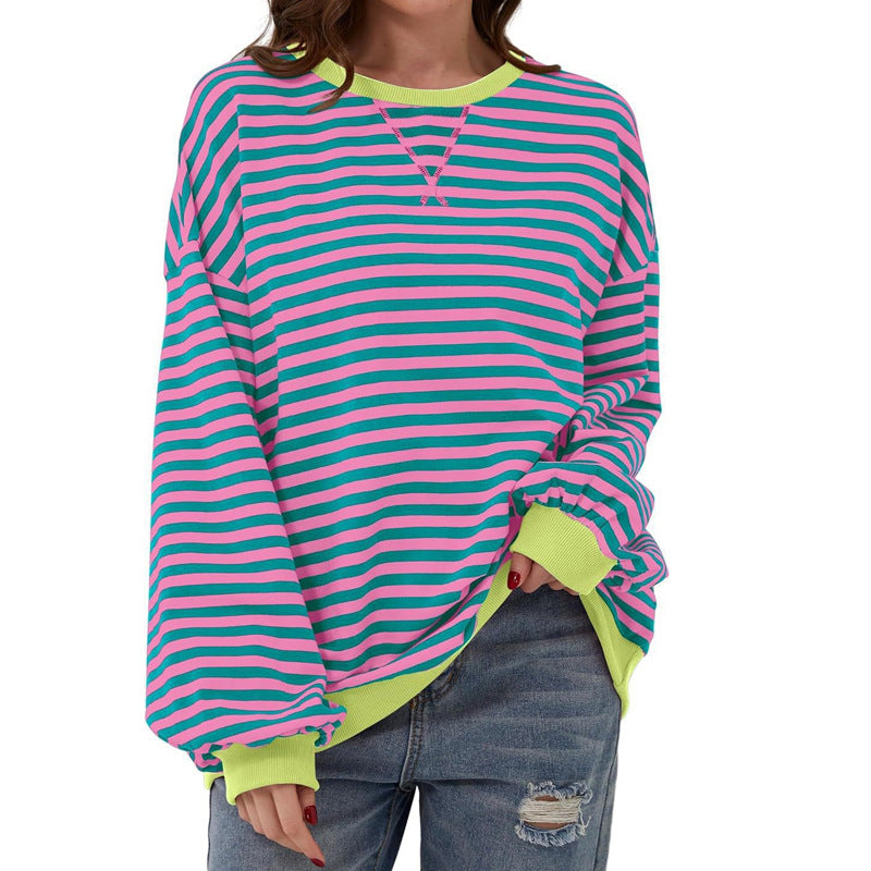 Damen Cozy Übergroßer Gestreifter Pullover Sweatshirt Drune
