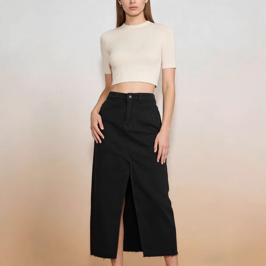 Damen Midi-Denim-Rock mit hohem Schlitz und fransigem Saum Drune