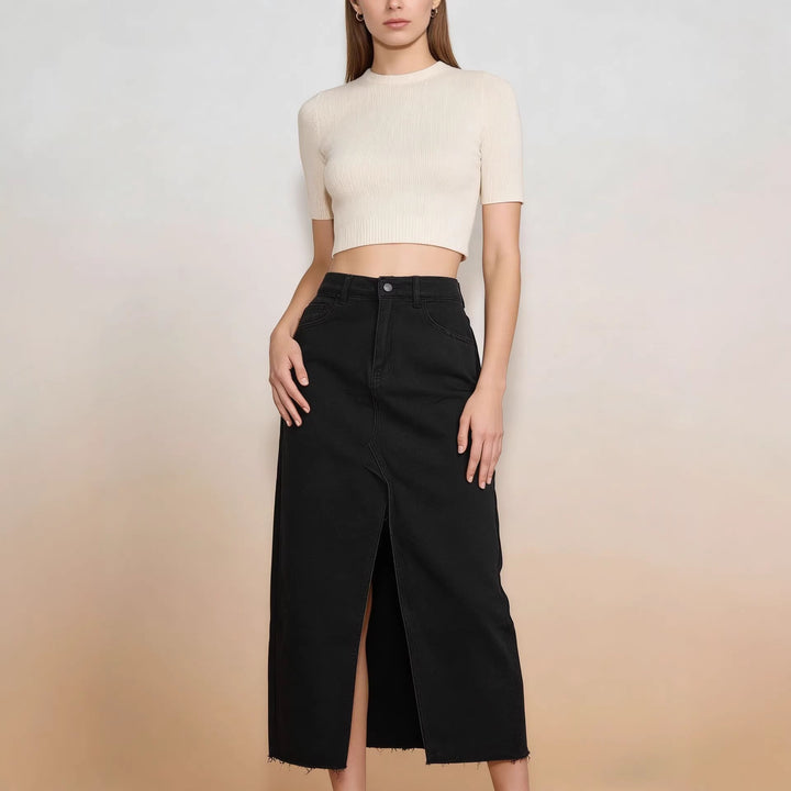 Damen Midi-Denim-Rock mit hohem Schlitz und fransigem Saum Drune