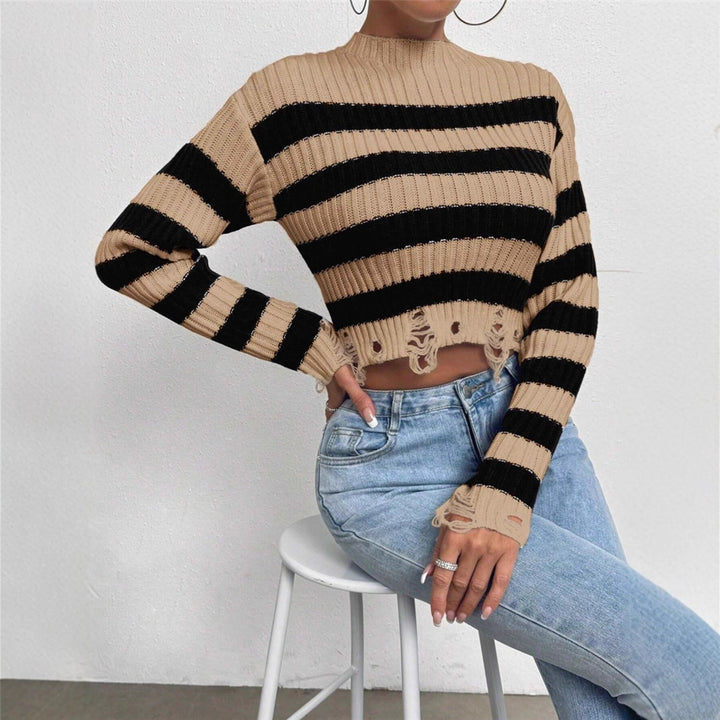 Damen Cropped Pullover mit stylischen Streifen und distressed Details Drune