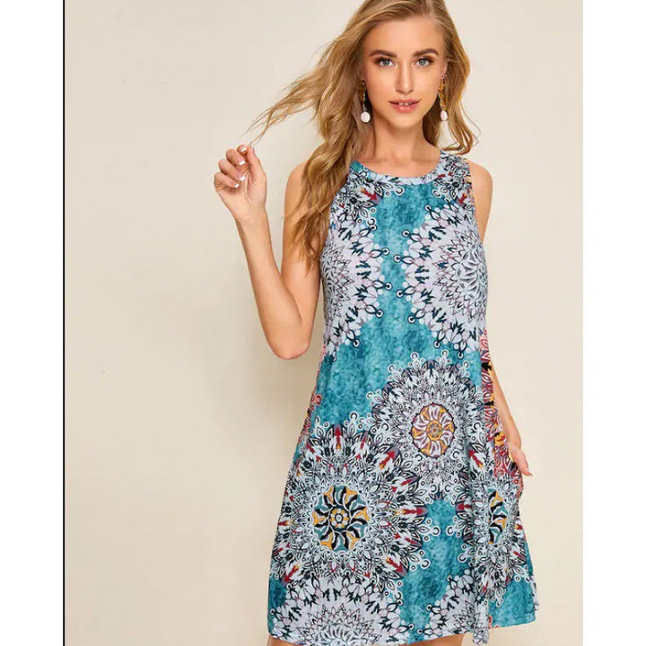 Damen Sommerliches A-Linien Kleid mit buntem Mandala-Design Drune