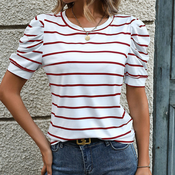 Damen Kurzarm-Oberteil mit stylischen Puffärmeln und gestreiftem Design Drune