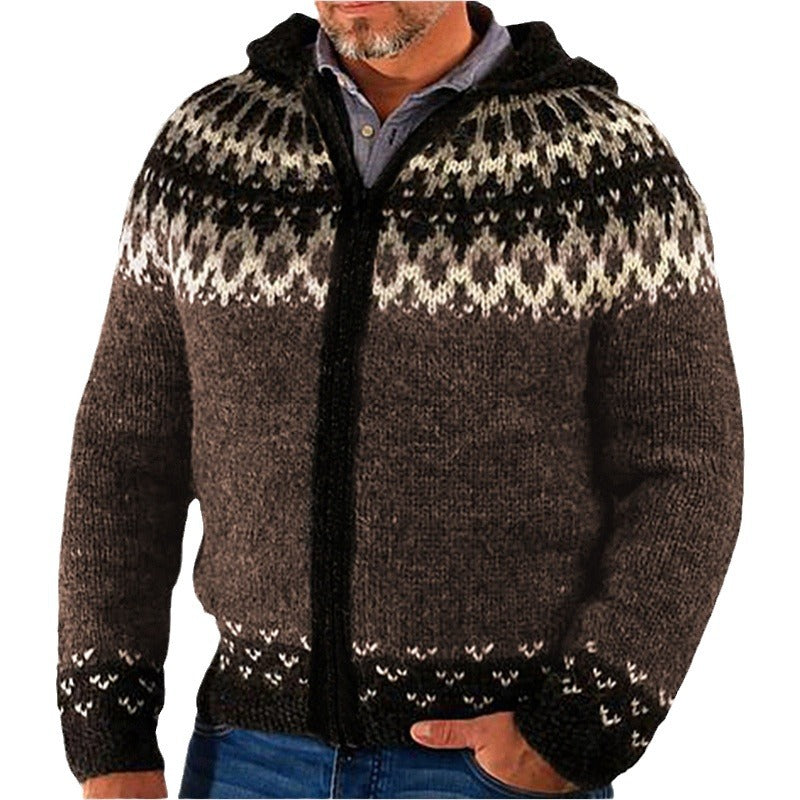 Herren Strickjacke mit traditionellem Norweger-Muster und Kapuze Drune