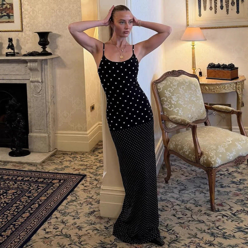 Damen Elegantes Polka-Dot Maxikleid mit verstellbaren Trägern und fließendem Schnitt Drune