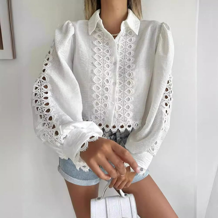 Damen Elegante Bluse mit raffiniertem Stickmuster und Ballonärmel Drune