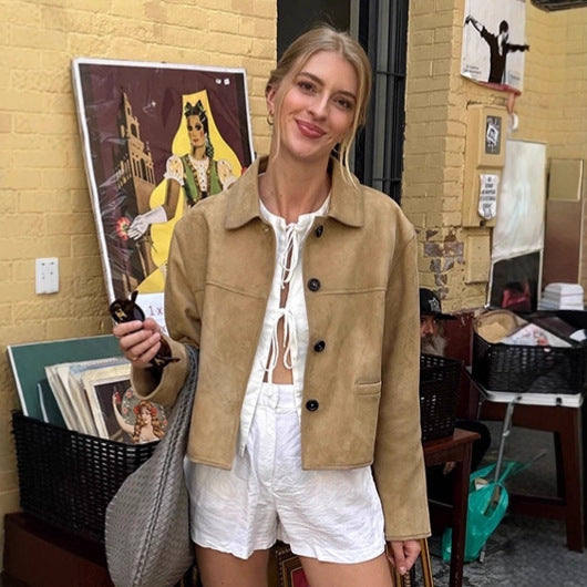 Damen Modische Wildlederjacke im lässigen Schnitt mit Knopfdetails Drune