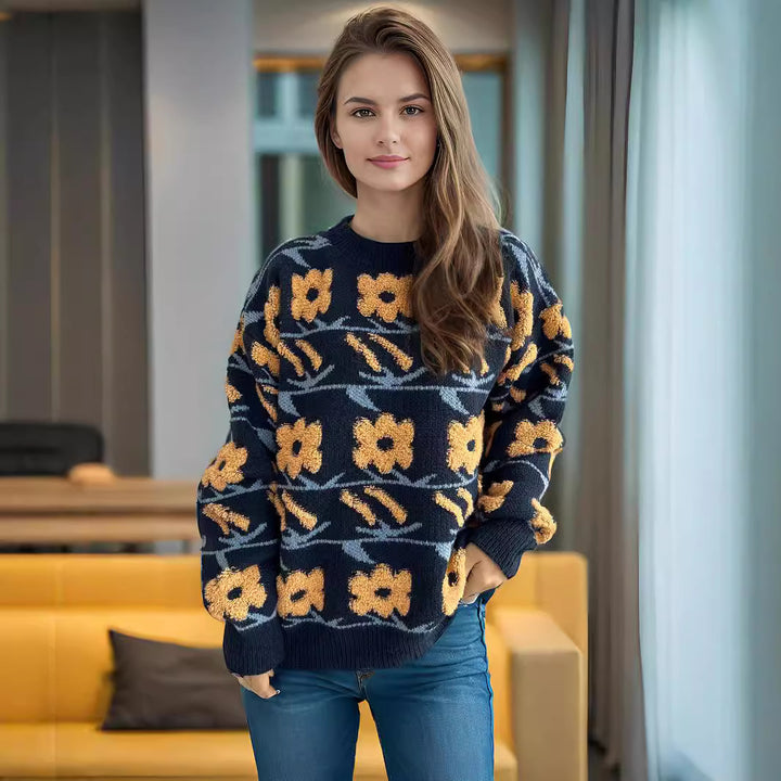 Damen Strickpullover mit floralem Muster und lässigem Schnitt Drune