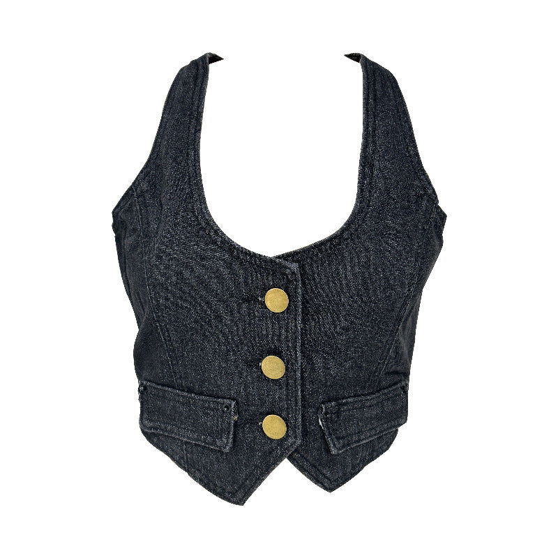 Damen Denim-Weste mit modernem V-Ausschnitt und praktischen Taschen Drune