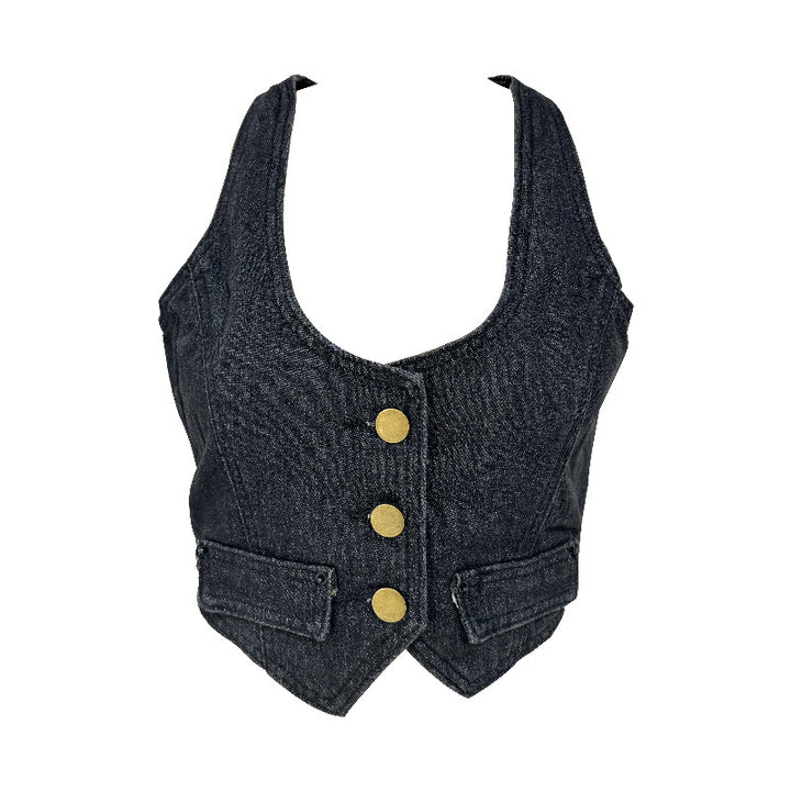 Damen Denim-Weste mit modernem V-Ausschnitt und praktischen Taschen Drune
