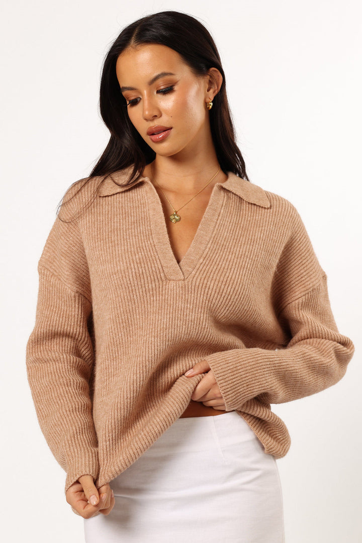 Damen lässiger Strickpullover mit modernem V-Ausschnitt und weit geschnittenen Ärmeln Drune