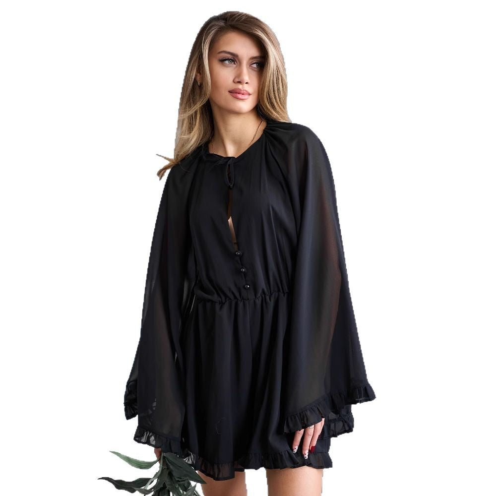 Damen elegantes Jumpsuit mit Rüschendetails und knopfverschließbarem V-Ausschnitt Drune