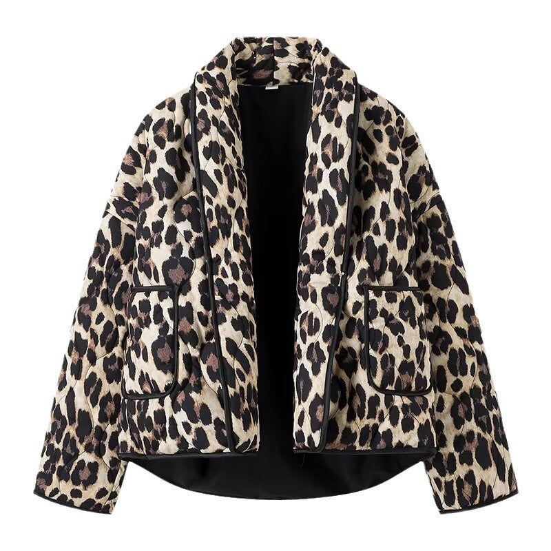 Damen Modische Leo-Muster Steppjacke mit praktischen Taschen Drune