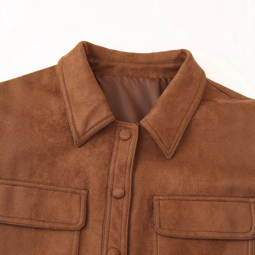 Damen modische Kurzjacke aus Wildlederimitat mit praktischen Taschen und elegantem Kragen Drune
