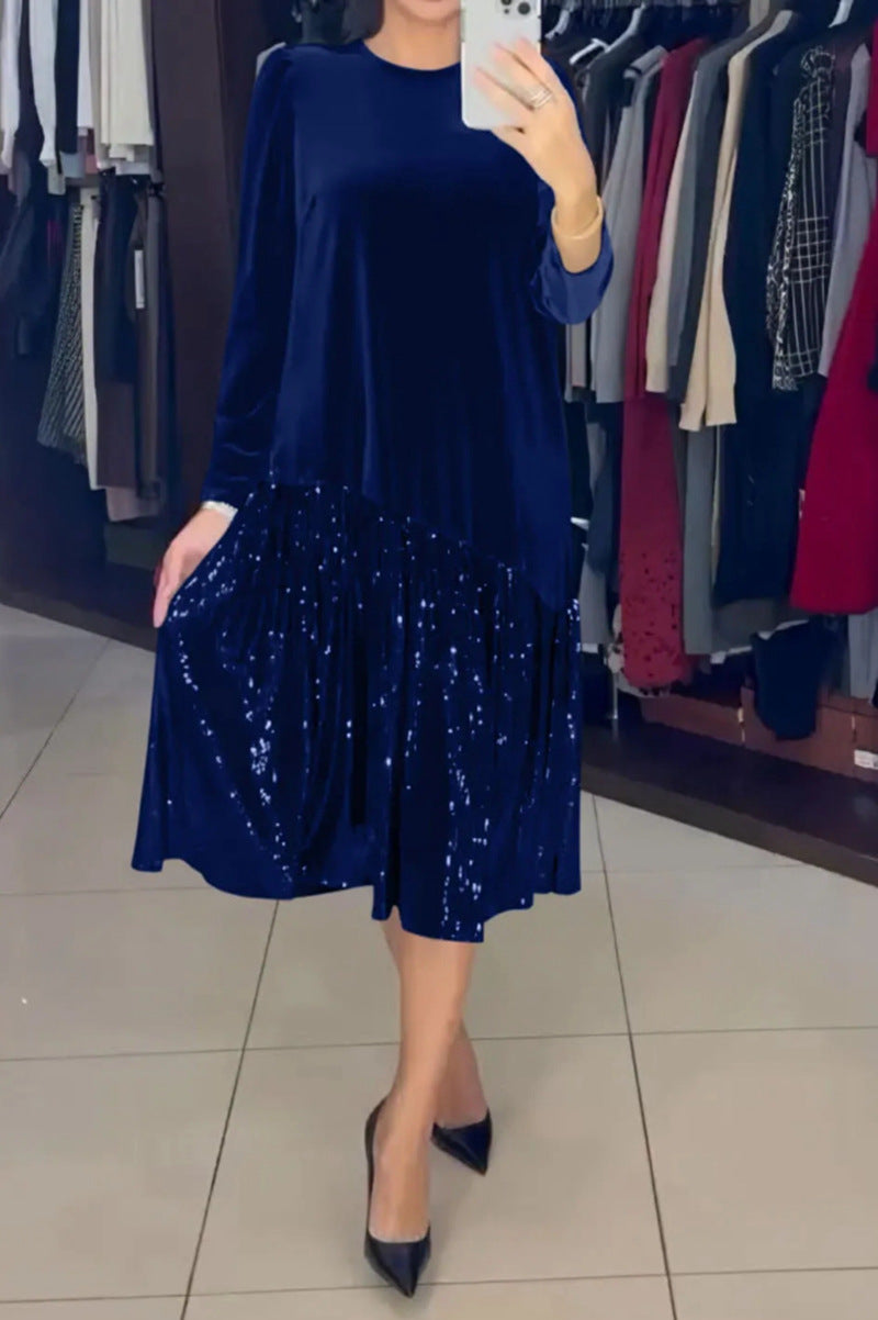 Damen elegantes Partykleid mit funkelndem Rock und weichem Oberteil Drune