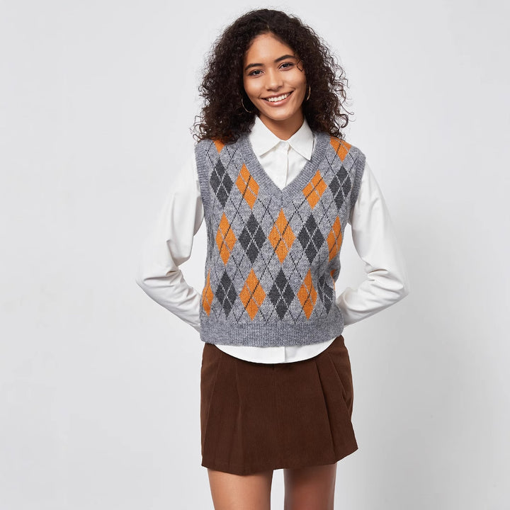 Damen Grobstrick Weste mit elegantem Rautenmuster Drune