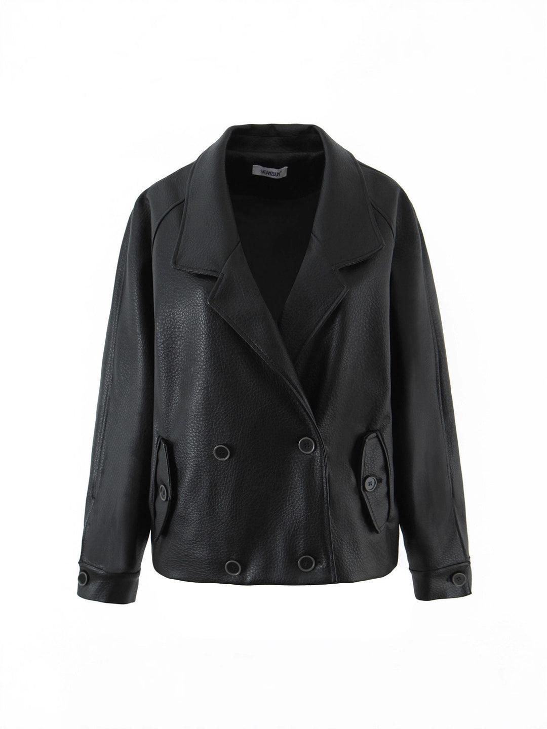 Damen modische Kunstlederjacke mit doppelter Knopfleiste und großem Revers Drune