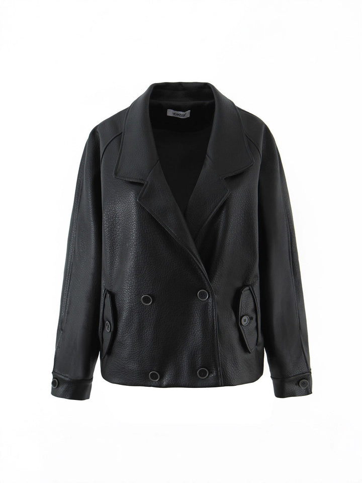 Damen modische Kunstlederjacke mit doppelter Knopfleiste und großem Revers Drune