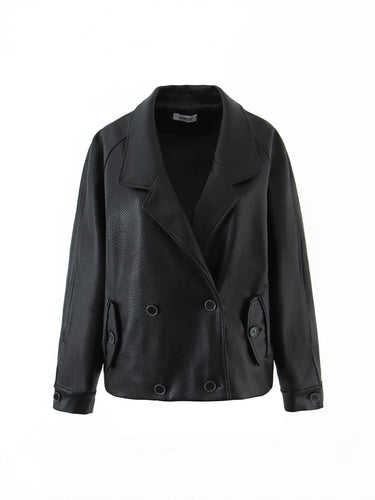 Damen modische Kunstlederjacke mit doppelter Knopfleiste und großem Revers Drune