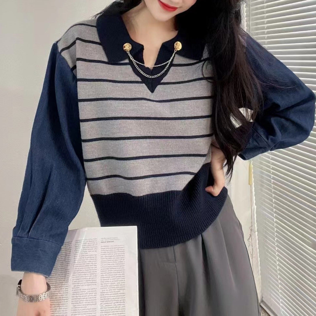 Damen eleganter Poloshirt-Pullover mit Kontrastkragen und dekorativen Knopfdetails Drune