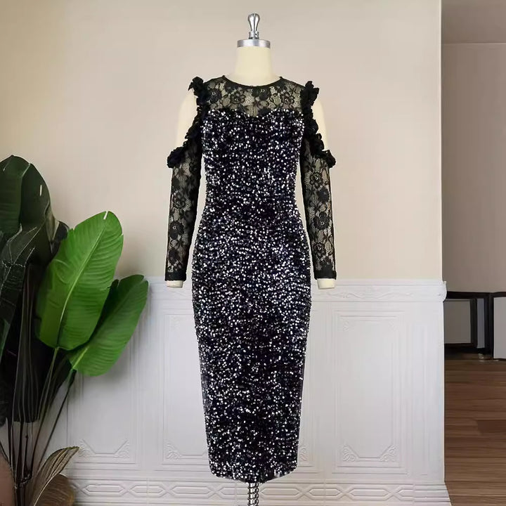 Damen Glitzerndes Festkleid mit eleganten Spitzendetails Drune