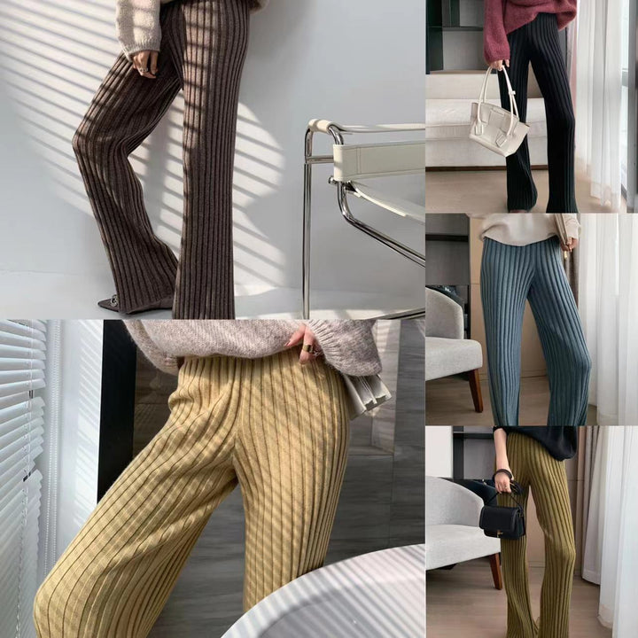 Damen bequeme Rippstrickhose mit weitem Bein und hohem Bund Drune
