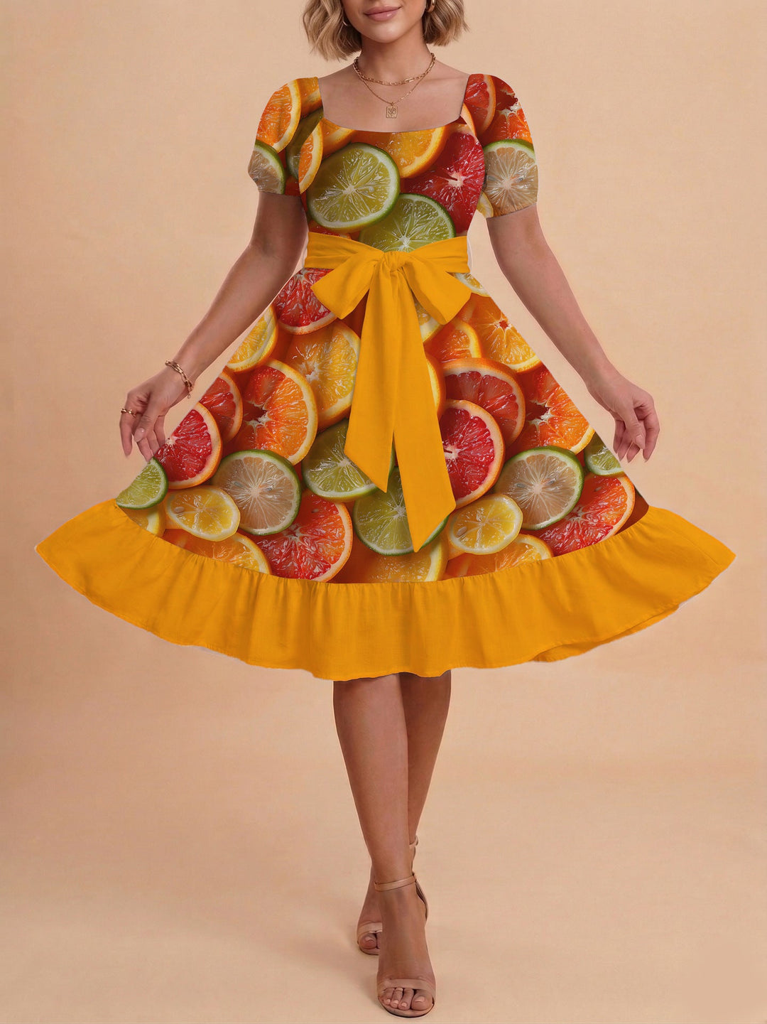 Damen Sommerliches Blumenkleid mit taillierbarem Gürtel und voluminösen Ärmeln Drune