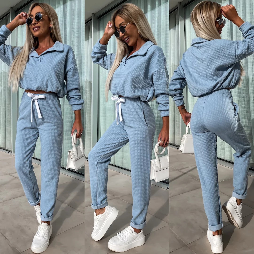 Damen lässiges Strick-Loungewear-Set mit cropped Oberteil und bequemen Hosen Drune