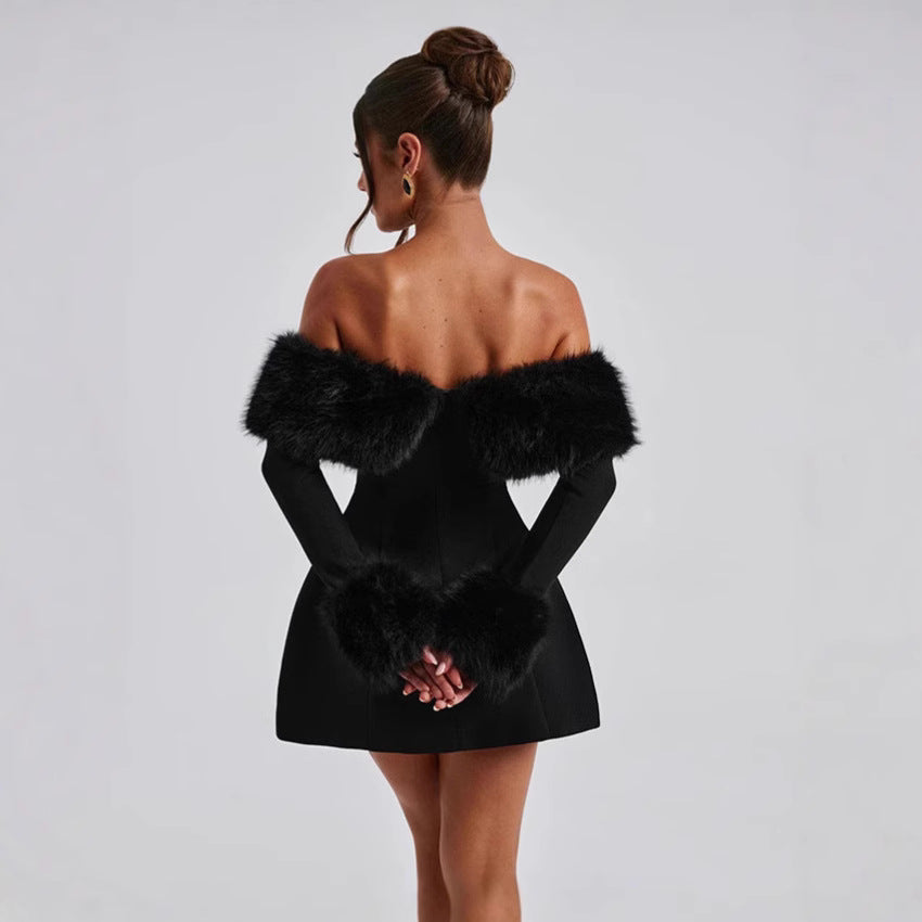 Damen Offshoulder-Kleid mit luxuriöser Futterverzierung und schwingendem Rock Drune