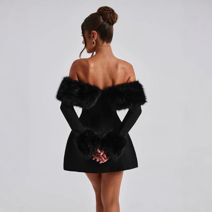 Damen Offshoulder-Kleid mit luxuriöser Futterverzierung und schwingendem Rock Drune