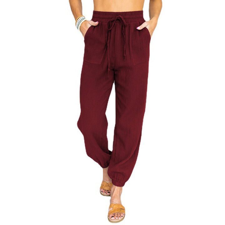 Damen nan leichte Leinenoptik Freizeit-Hose mit hohem elastischem Bund, Kordelzug, aufgesetzten Taschen und elastischen Knöchelbündchen Drune