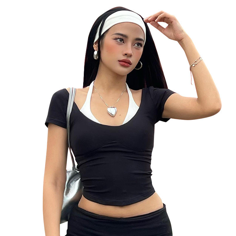 Damen cropped T-Shirt mit Schulterakzenten und figurbetontem Schnitt Drune