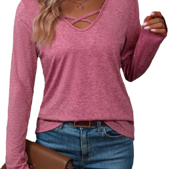 Damen langärmliges Shirt mit Kreuz-Ausschnitt Drune