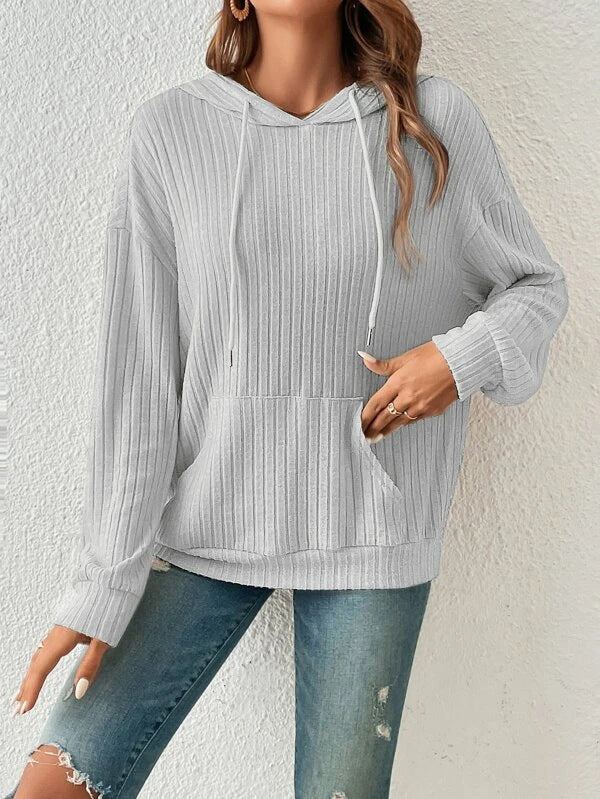 Damen lässiger Kapuzenpullover mit Rippenstruktur und Kängurutasche Drune