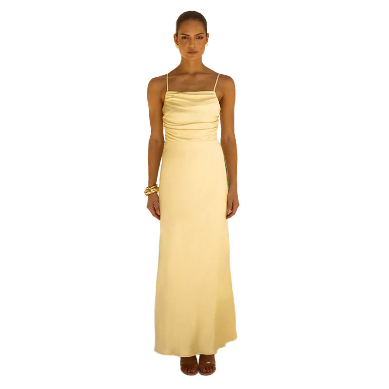 Damen elegantes Maxikleid mit raffiniertem Raffung und verstellbaren Spaghettiträgern Drune