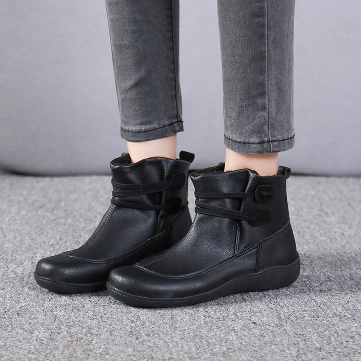 Damen nan gefütterte knöchelhohe Winterstiefelette mit elastischem Zierriemen, dekorativen Knopfdetails und rutschfester Leichtsohle Drune