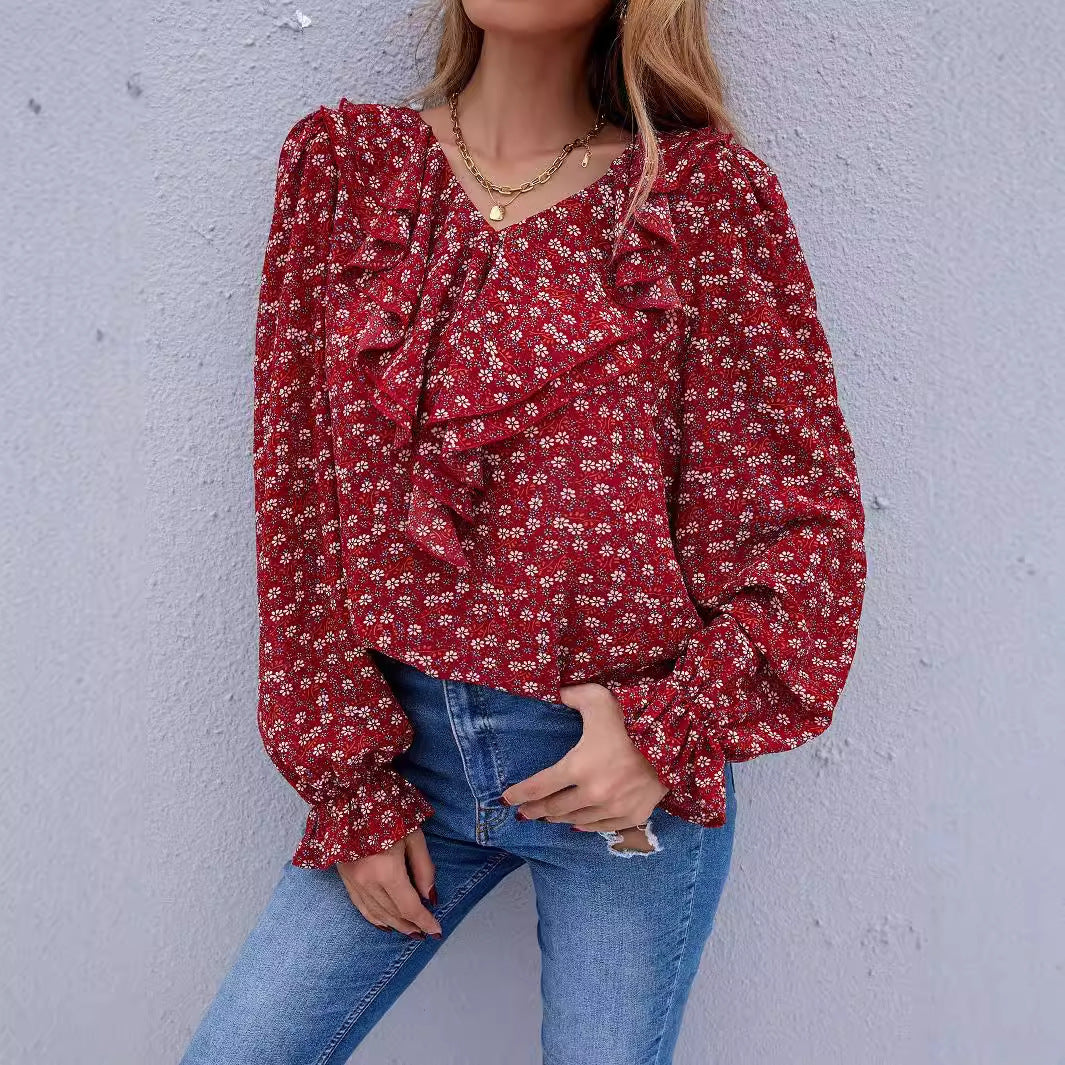 Damen Bluse mit Rüschendetails und floralem Muster Drune