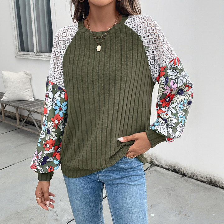 Damen Strickpullover mit bunten Blumenärmeln und Rippenstruktur Drune