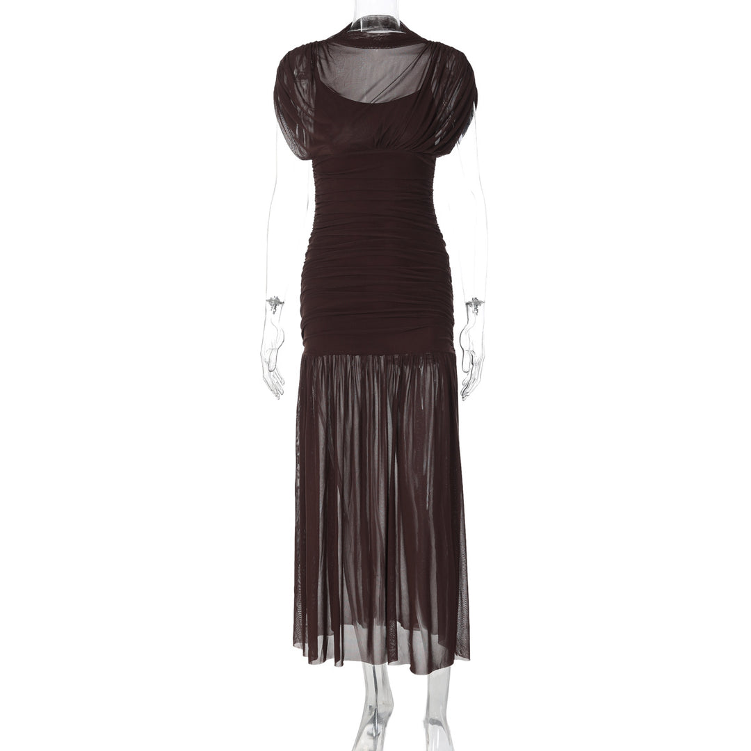Damen Maxi-Kleid mit transparenten Puffärmeln und elegantem Raffungseffekt Drune