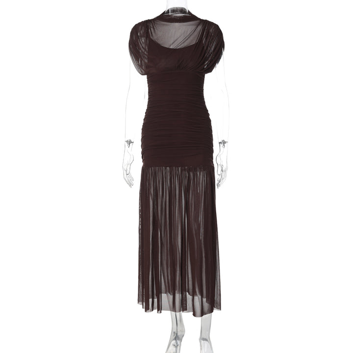 Damen Maxi-Kleid mit transparenten Puffärmeln und elegantem Raffungseffekt Drune
