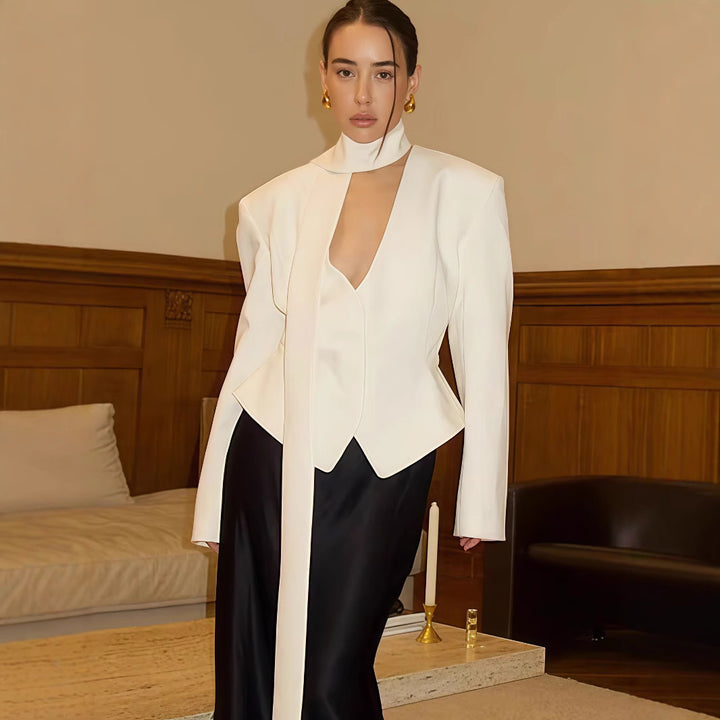 Damen Blazer-Kleid mit tiefem V-Ausschnitt und eleganten langen Ärmeln Drune