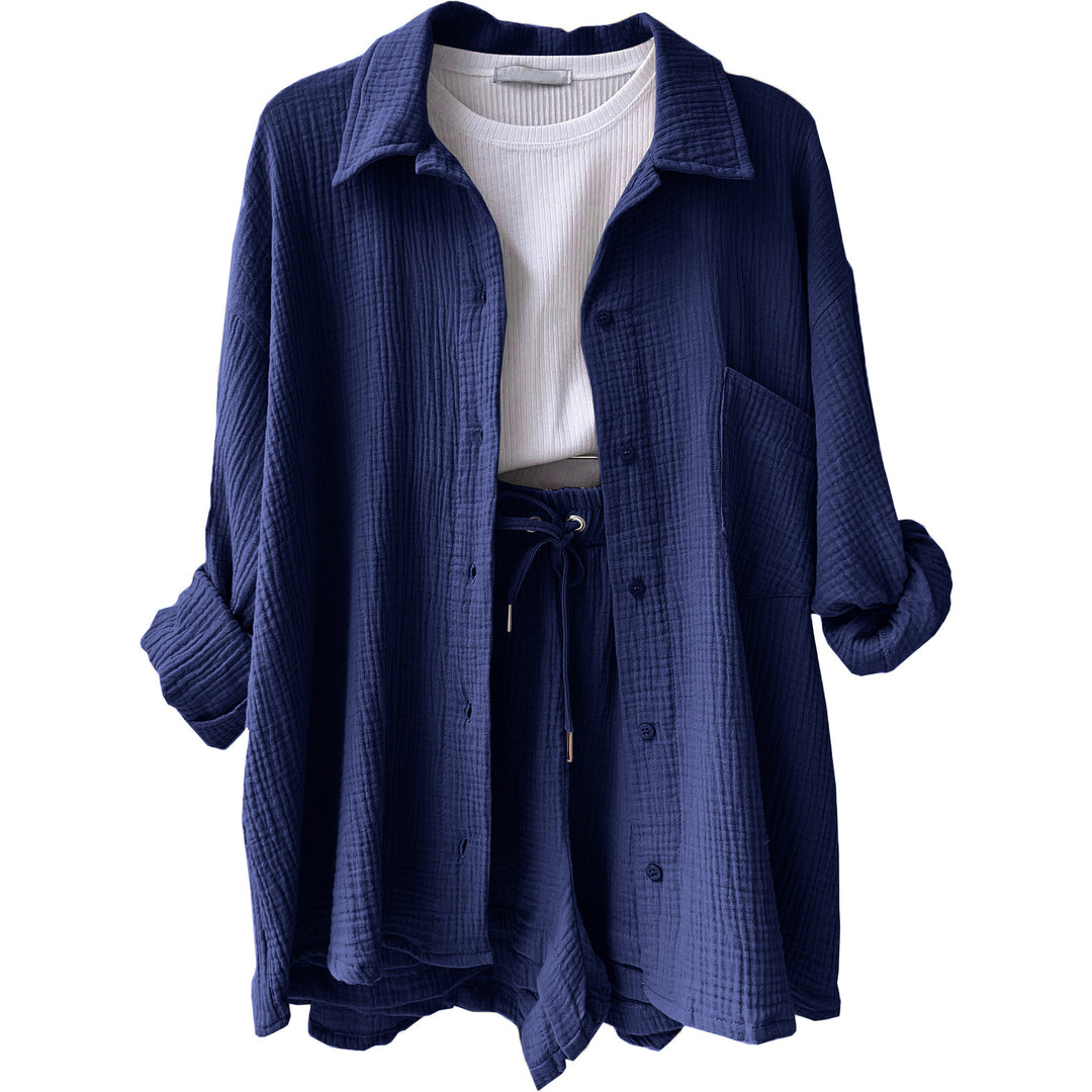 Damen lässiges Komfort-Set aus kurzem Top und Oversized-Hemd Drune
