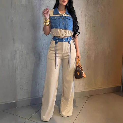 Damen Modischer Overall mit Denim-Design und Stylish-Bund Drune