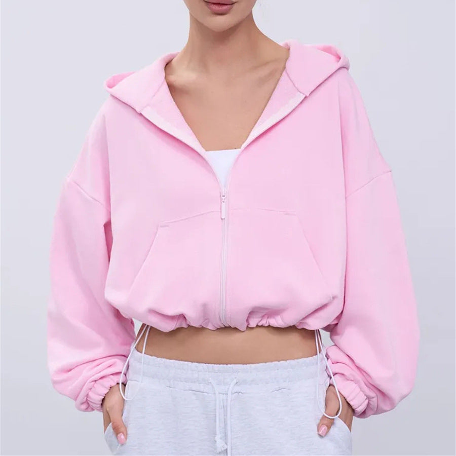 Damen Cropped Kapuzenjacke mit Reißverschluss und übergroßen Ärmeln Drune