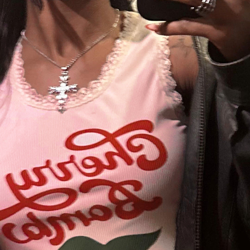 Damen lässiges Crop-Top mit charmantem Spitzenrand und fröhlichem Print Drune