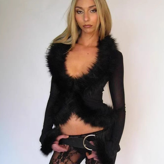 Damen Elegante Transparente Bluse mit Fellbesatz Drune