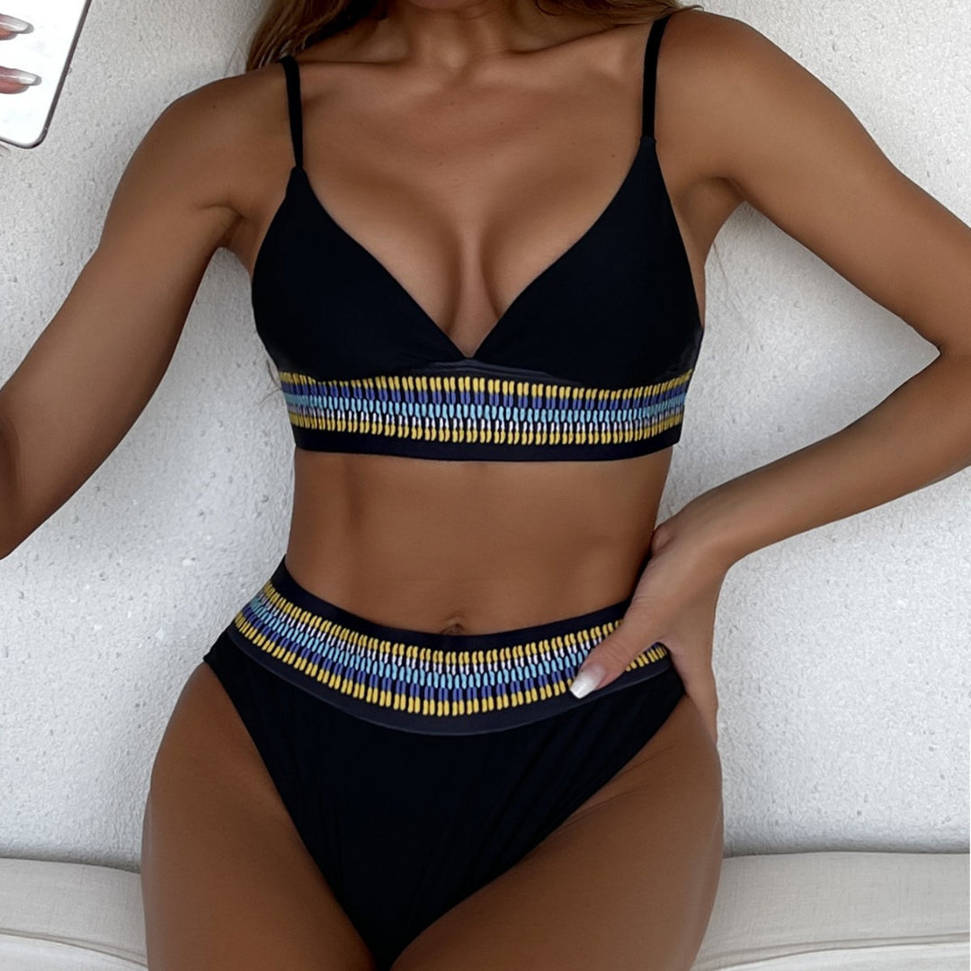 Damen Hochtaillierter Bikini mit buntem Jacquard-Bund Drune